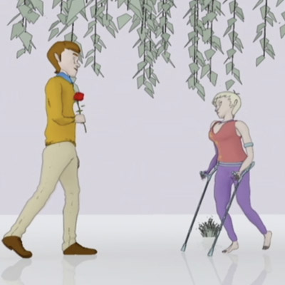 Illustration of people with different disabilities, including a woman using crutches, highlighting diversity and inclusion