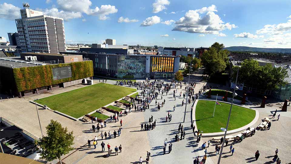 Aerial view of Teesside University’s Campus Heart with people walking around