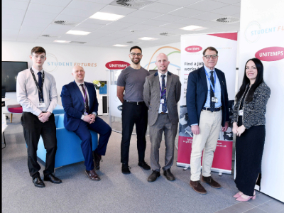 Pictured: Katie Kendall & Adam Campbell from Unitemps Teesside, Teesside University Postgraduate Taught Masters in Physiotherapy Student Serge Saba, Outwood Academies Trust staff George Edwards & Stephen Wells and Oliver Harness, Senior Lecturer in Education at Teesside University.. Link to Unitemps Teesside partners with local Outwood Family of Schools to transform lives and student prospects.