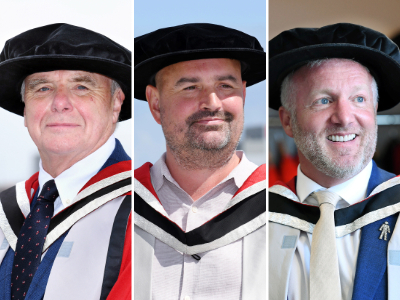 Left to right: Professor Derek Bell OBE, Lee Hutchinson and Dean Benson. Link to Teesside University honours for a trio of esteemed business leaders.