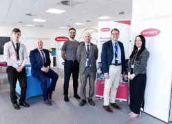 Pictured: Katie Kendall & Adam Campbell from Unitemps Teesside, Teesside University Postgraduate Taught Masters in Physiotherapy Student Serge Saba, Outwood Academies Trust staff George Edwards & Stephen Wells and Oliver Harness, Senior Lecturer in Education at Teesside University.