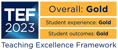 Teaching Excellence Framework (TEF) 2023 logo awarded as Overall, Student Experience and Student Outcomes gold rating