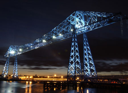 Tees Transporter Bridge in Middlesbrough illuminated at night