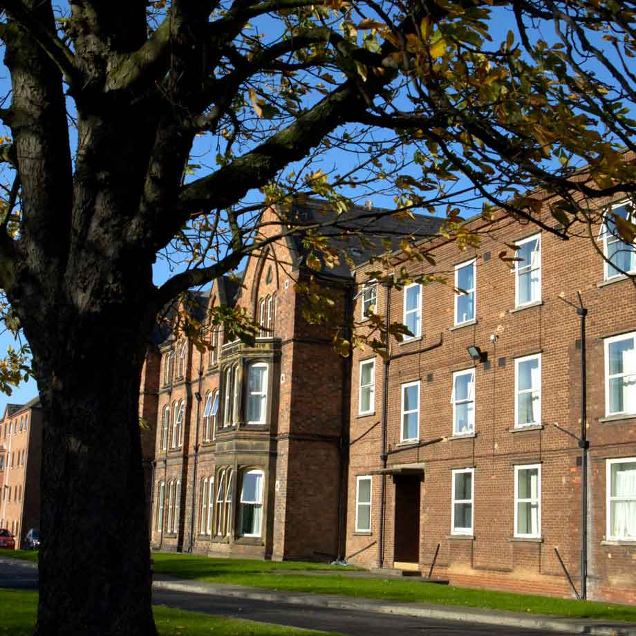 Exterior view of Parkside Halls student accommodation building with trees and greenery