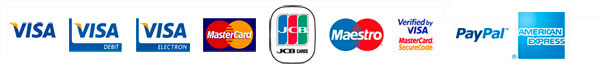 We accept Visa, Visa Debit, Visa Electron, MasterCard, JCB, Maestro, Verified by Visa MasterCard, PayPal and American Express.