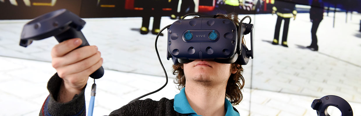 Student using virtual reality (VR) headset for an interactive or educational experience