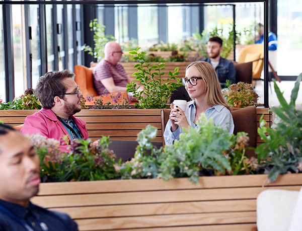 Students sit at the library lounge area